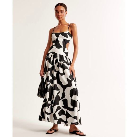 NWOT Abercrombie Drop Waist Maxi Dress Black White Print Cutout Side Size XS - Picture 1 of 12